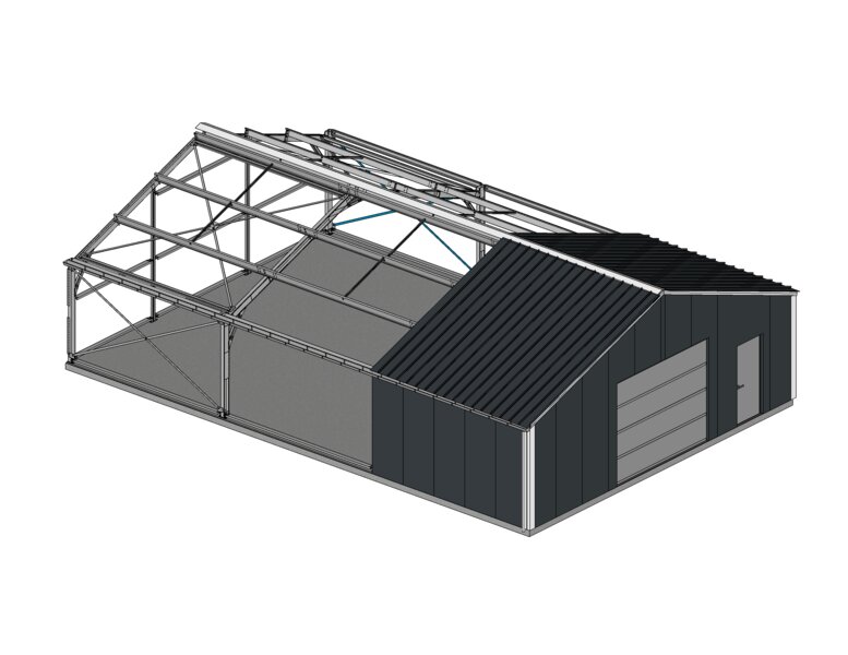 Skellet® zelfbouwloods 15×10×2.8m - modulair staalbouwpakket (vergunningsvrij)